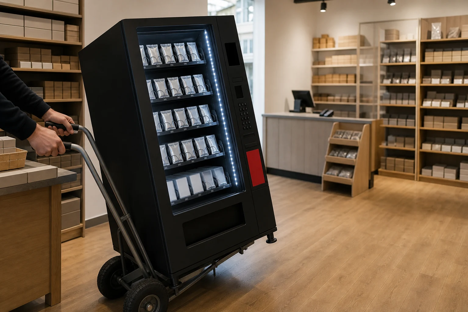Varuautomat som flyttas på plats i en butik med pirra