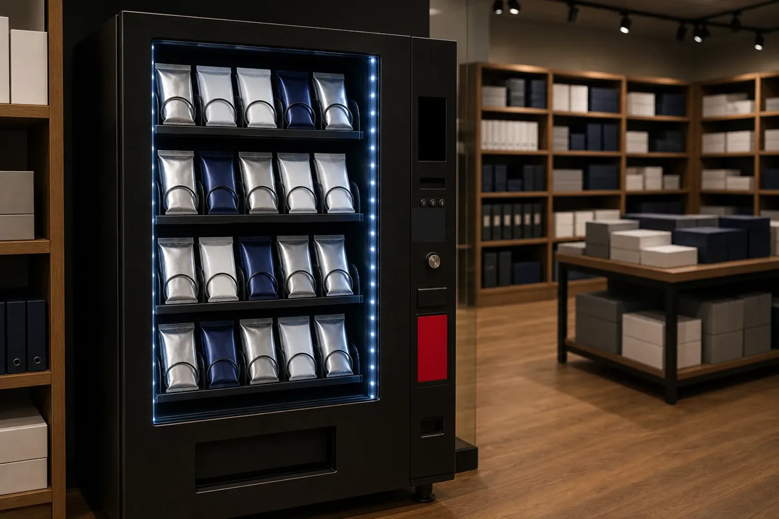 Varuautomat med förseglade kortprodukter i en svensk hobbybutik