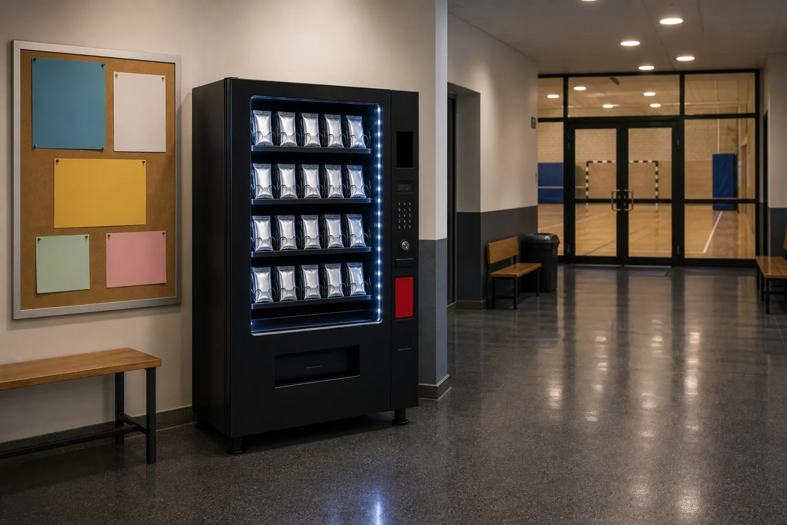 Varuautomat i en idrottshalls foajé med anslagstavla bredvid