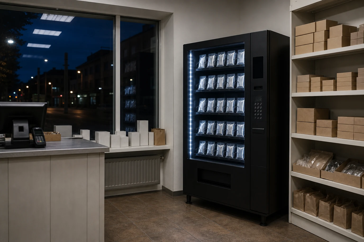 Varuautomat i en mindre servicebutik i ett bostadsområde på kvällen