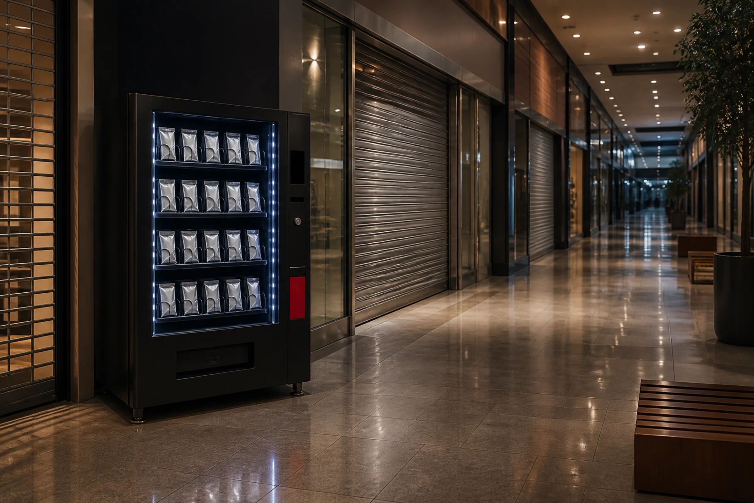 Varuautomat för samlarkort i ett köpcentrum på kvällen med stängda butiker omkring