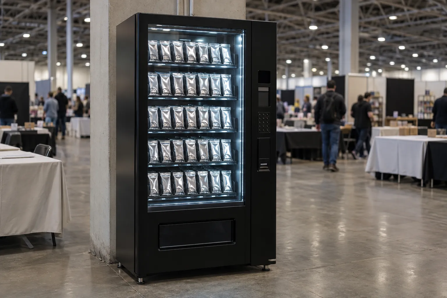 Automat för samlarkort på ett mässgolv under ett event, med utställarbord och besökare i bakgrunden