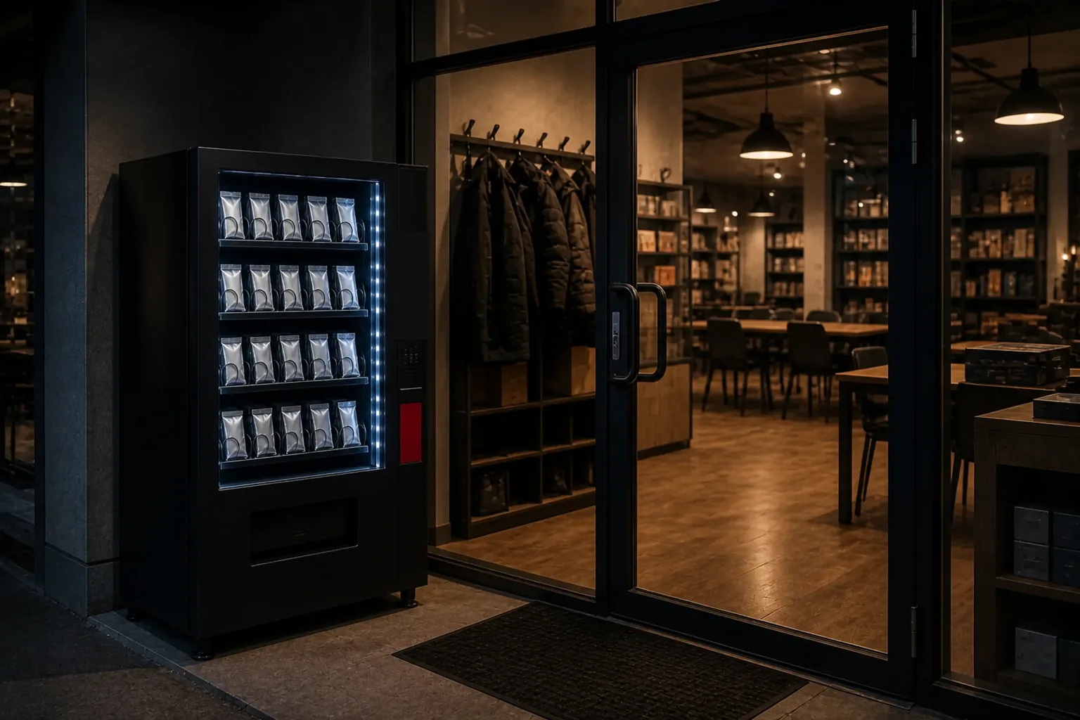 Automat vid entrén till en spelklubb på kvällen, med upplyst front