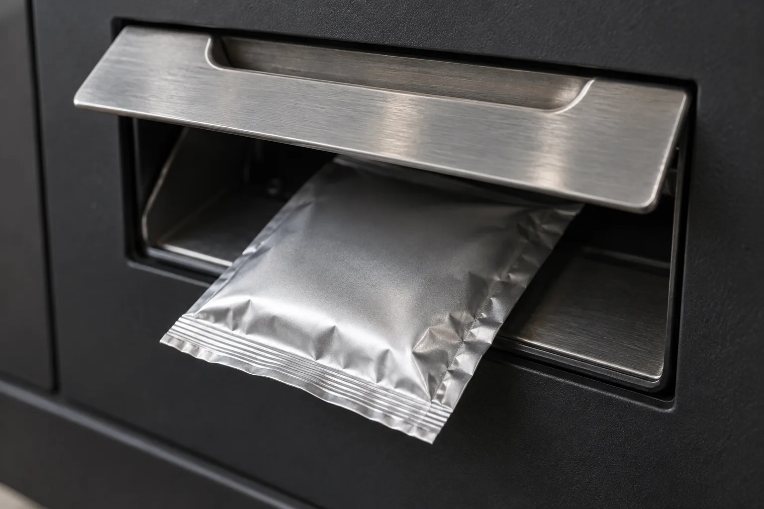 Närbild på ett förseglat boosterpaket i omärkt folieomslag som matas ut genom utmatningsluckan på en automat för samlarkort