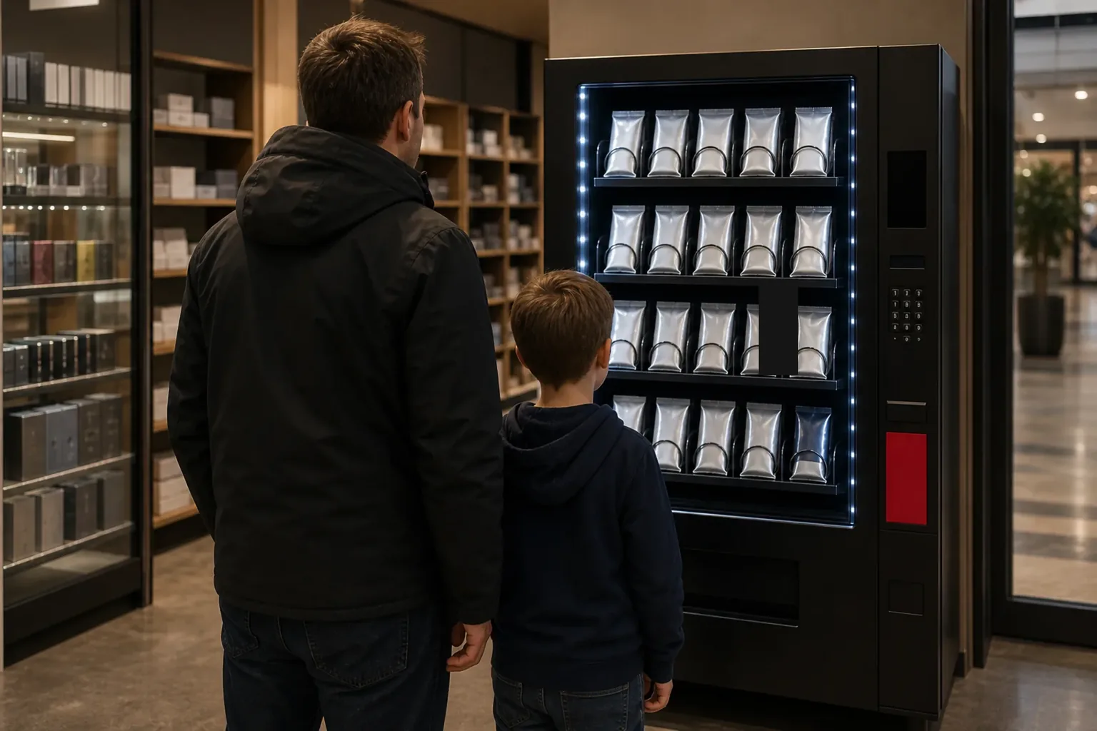 Förälder och barn sedda bakifrån framför en automat med kortprodukter