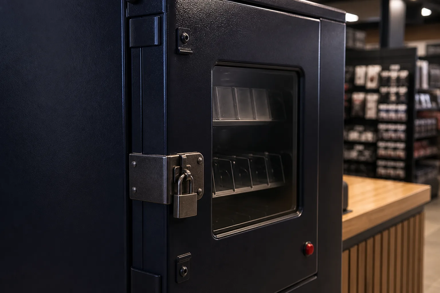 Närbild på en förstärkt automats mörka metallfront med ett synligt hänglås i en beslagen låsanordning, placerad nära en butiksdisk