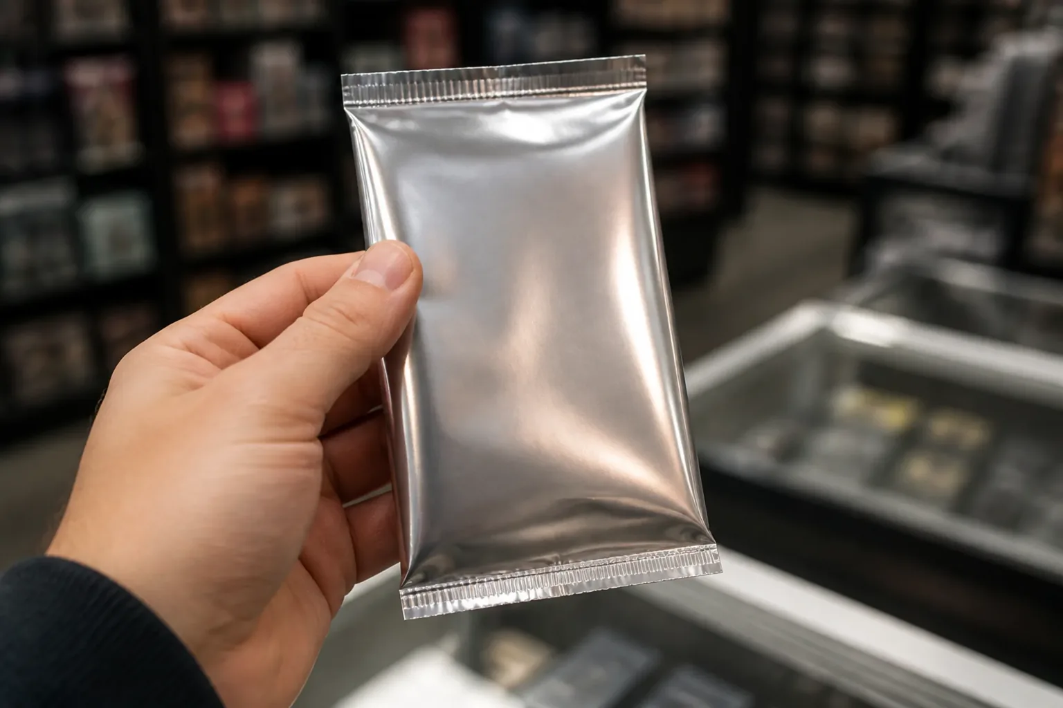 Närbild på ett förseglat kortpaket i omärkt omslag som hålls i en hand framför en automat