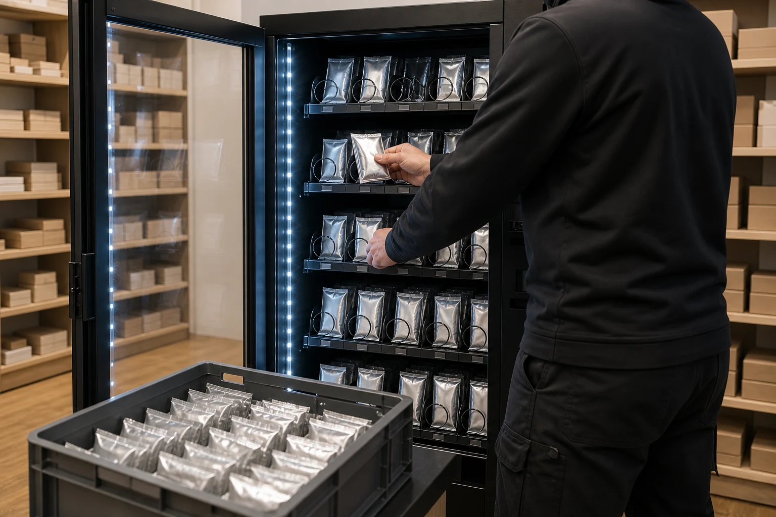 Servicetekniker sedd bakifrån som fyller på en automat med omärkta paket