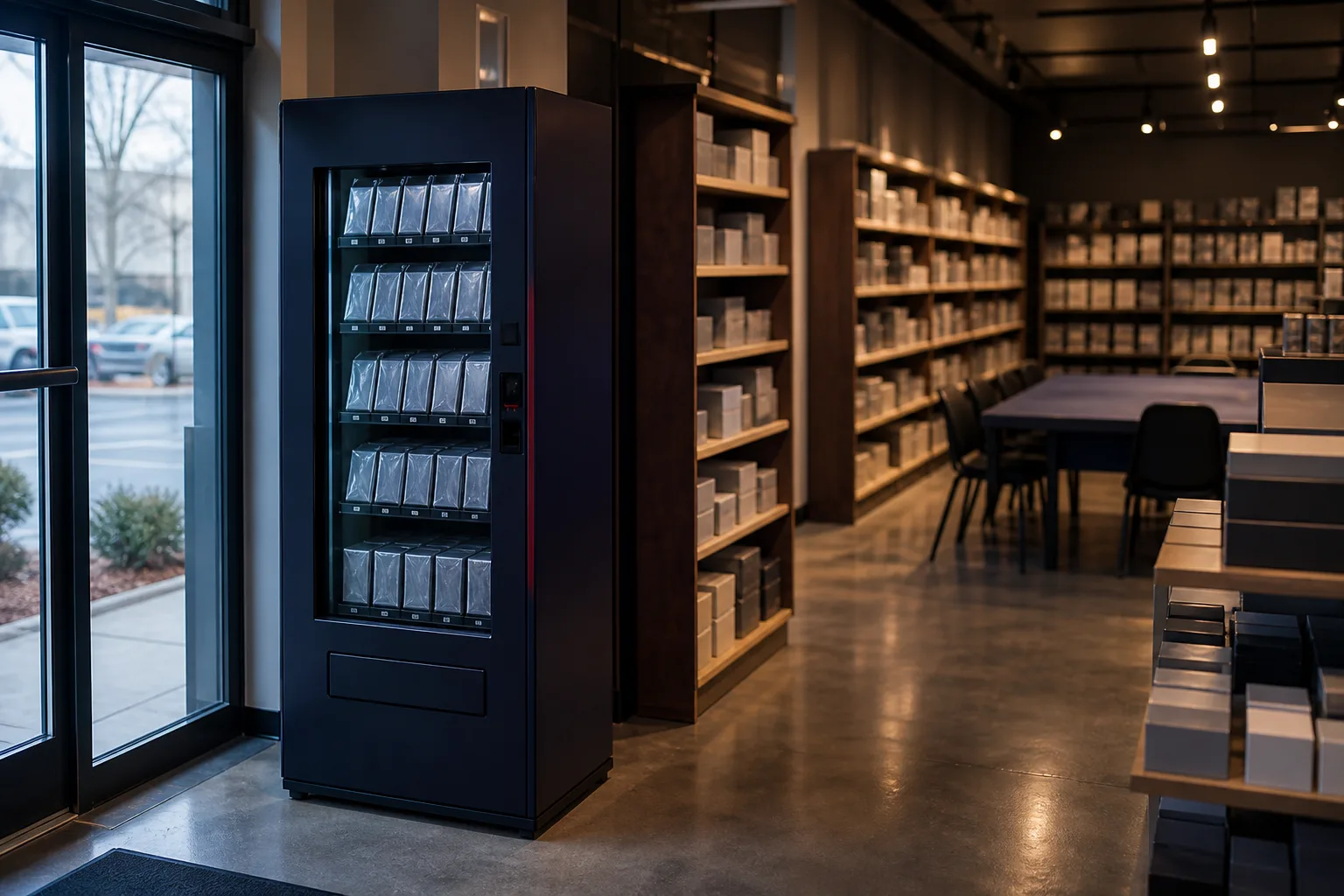 Vy över en spelbutik med en mörk varuautomat vid entrén, hyllor med förpackat sortiment längs väggarna och ett spelbord med stolar längre in i lokalen