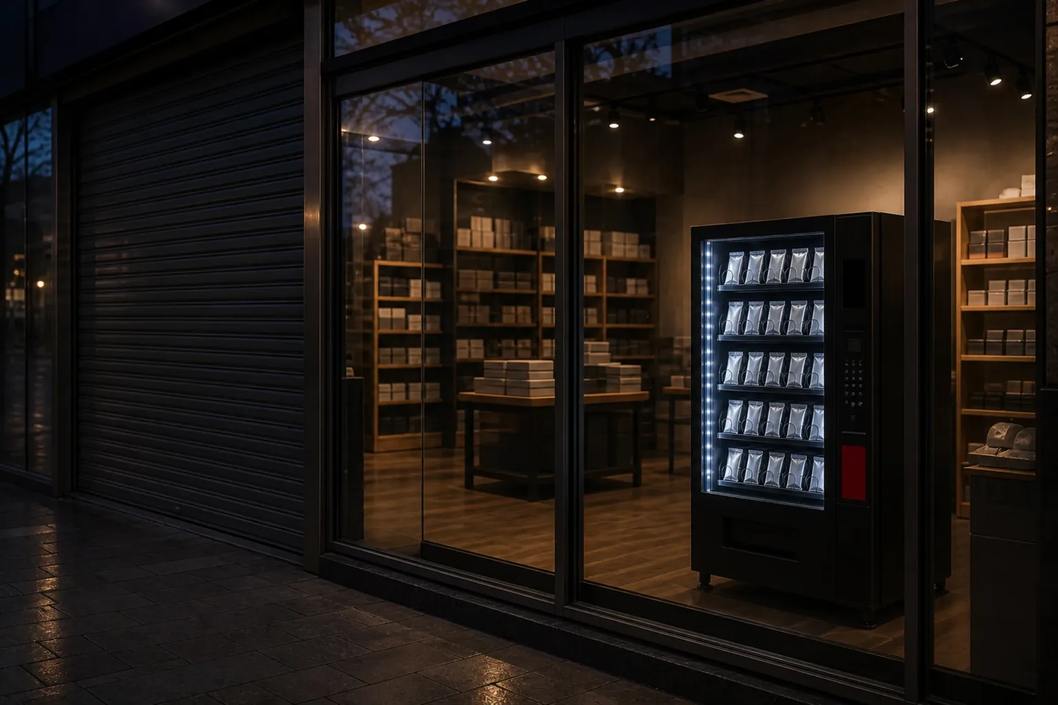 Stängd hobbybutik med en upplyst automat synlig genom skyltfönstret