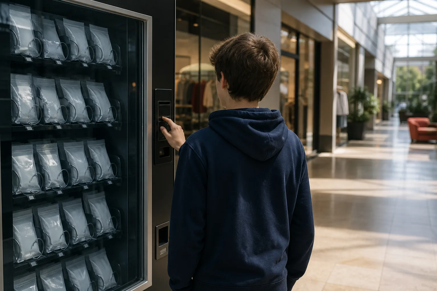 En tonåring sedd bakifrån vid en varuautomat i en ljus köpcentrumgång, med dagsljus och suddiga butiksfasader i bakgrunden